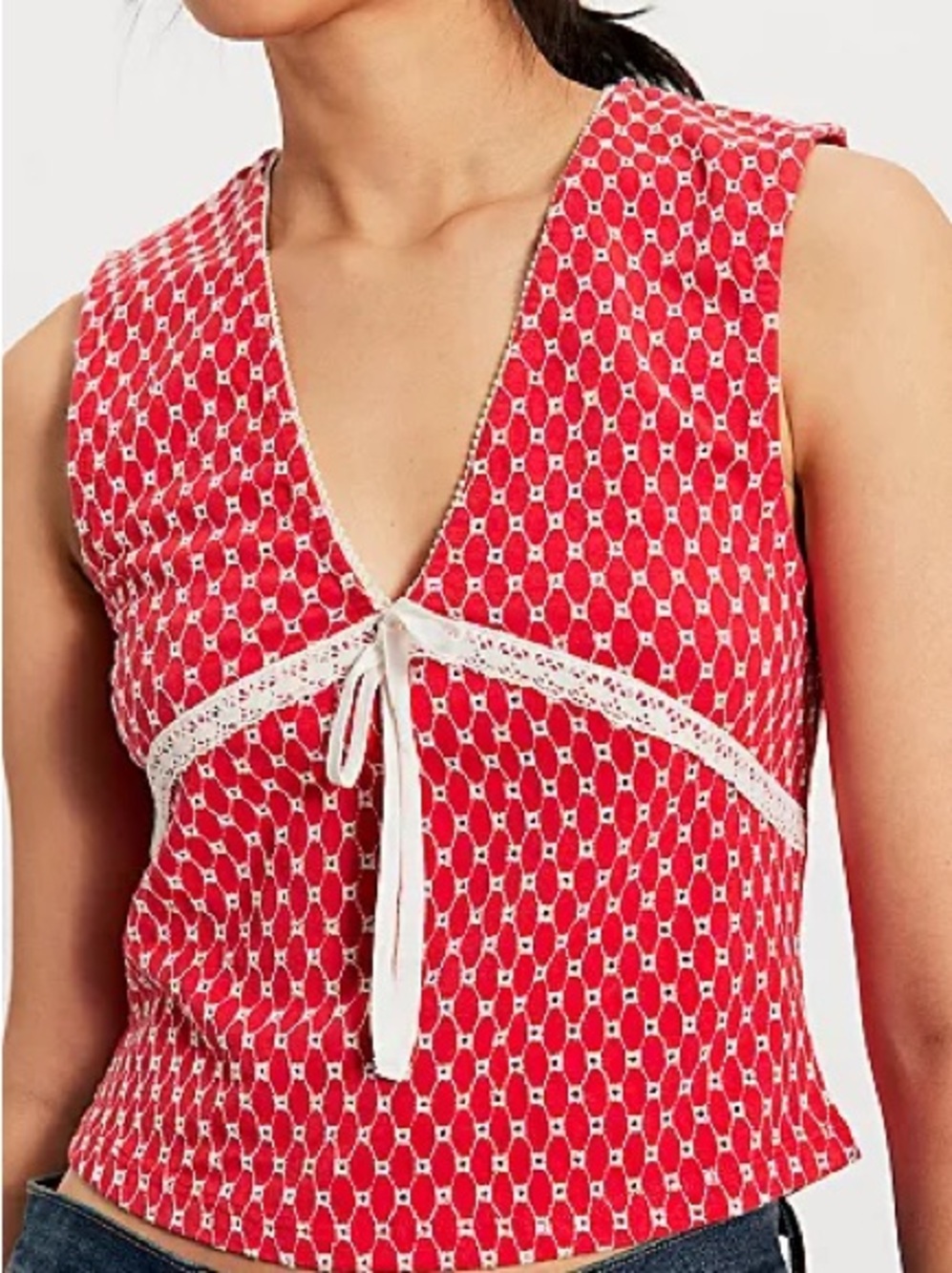 Free People Good Graces Red Lace-Trim Sleeveless Knit Cami — Women L